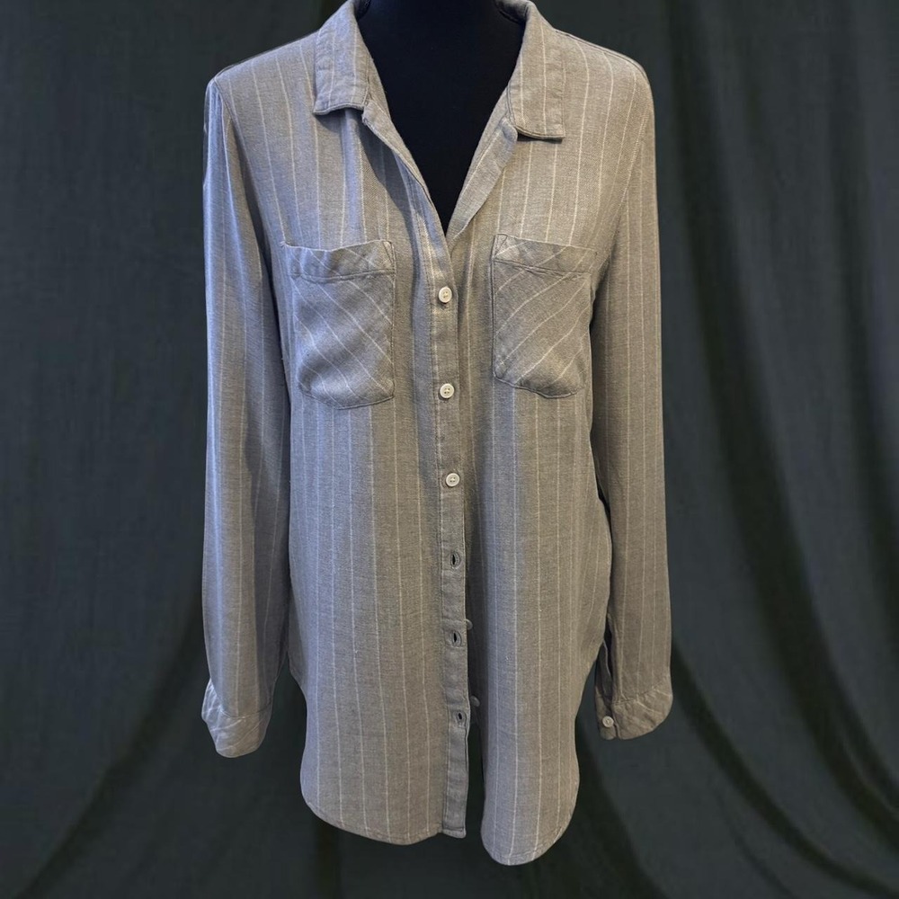 Altar'd State Grey White Pinstripe Split Back Button Down Shirt Womens Medium